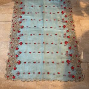 Embroidered Blue and Red Floral Indian Organza Duputta Scarf